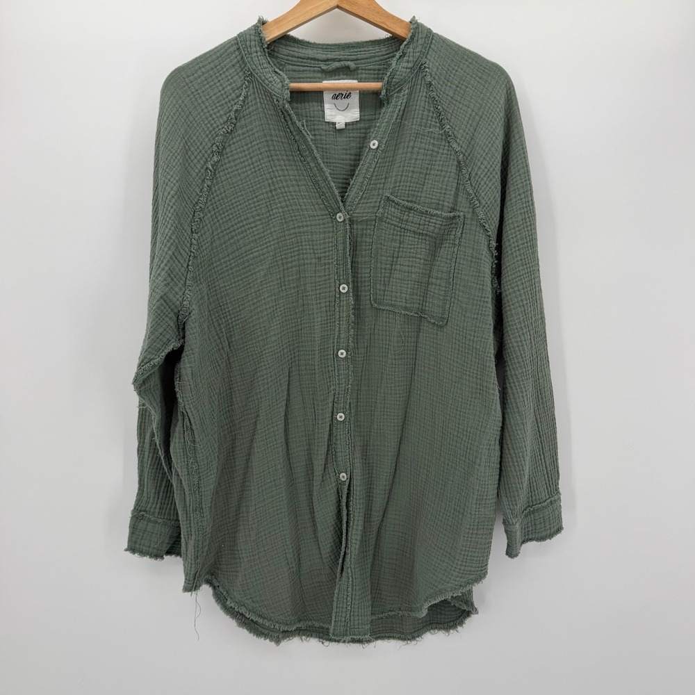 Aerie Sage Green Double Gauze Cotton Frayed Button Down Shirt Small